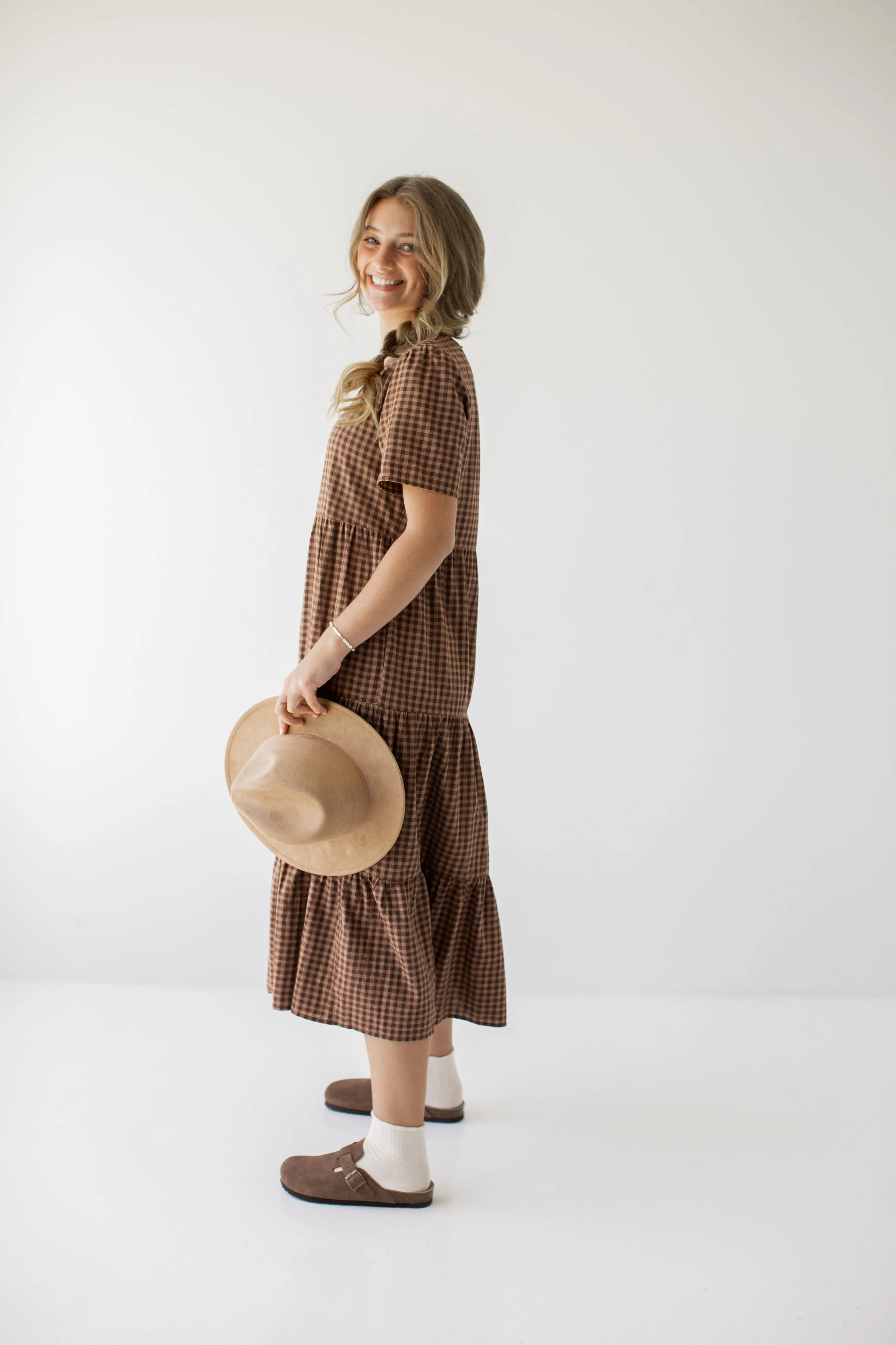 'Wilder' Gingham Tiered Cotton Dress in Dusty Brown