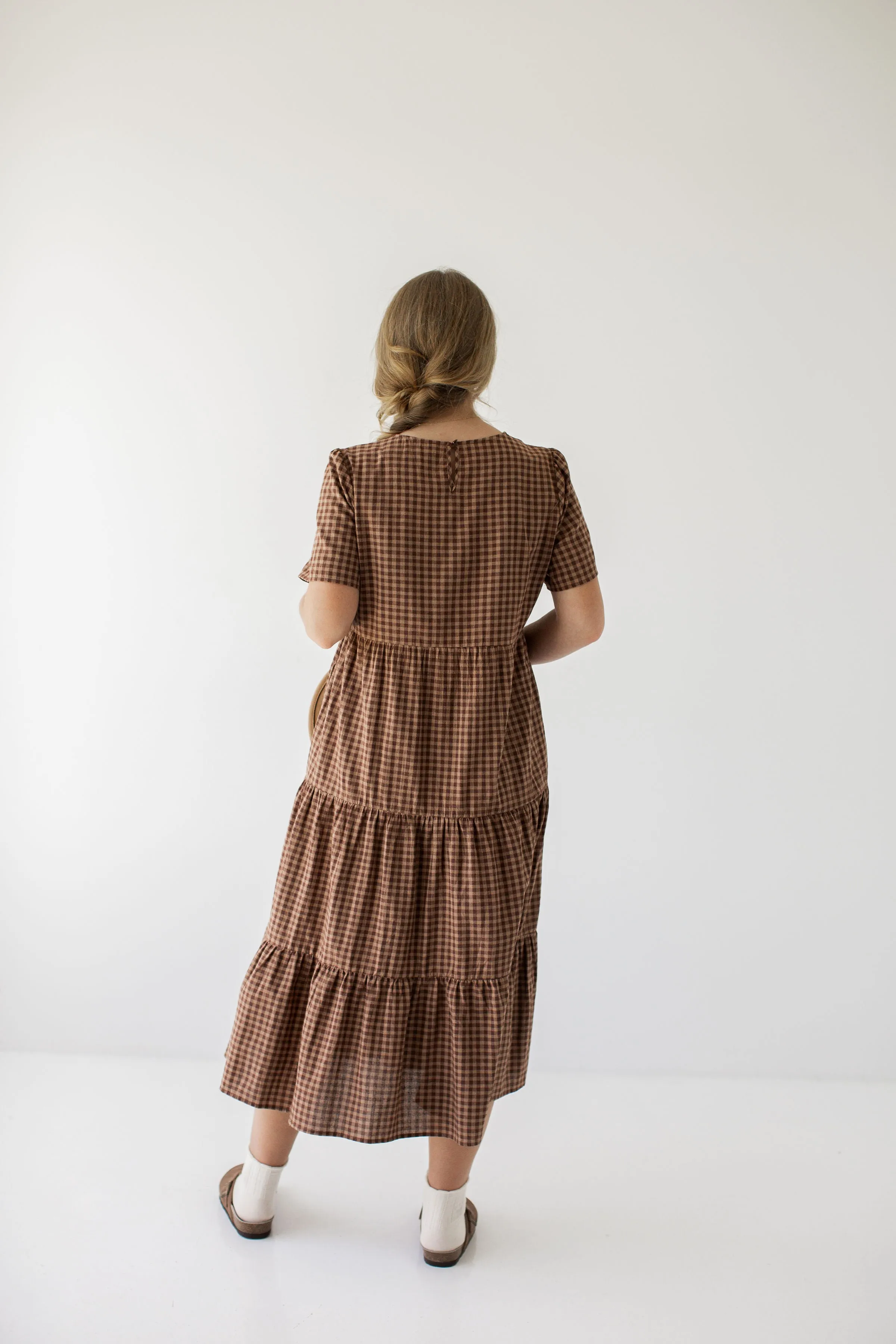 'Wilder' Gingham Tiered Cotton Dress in Dusty Brown