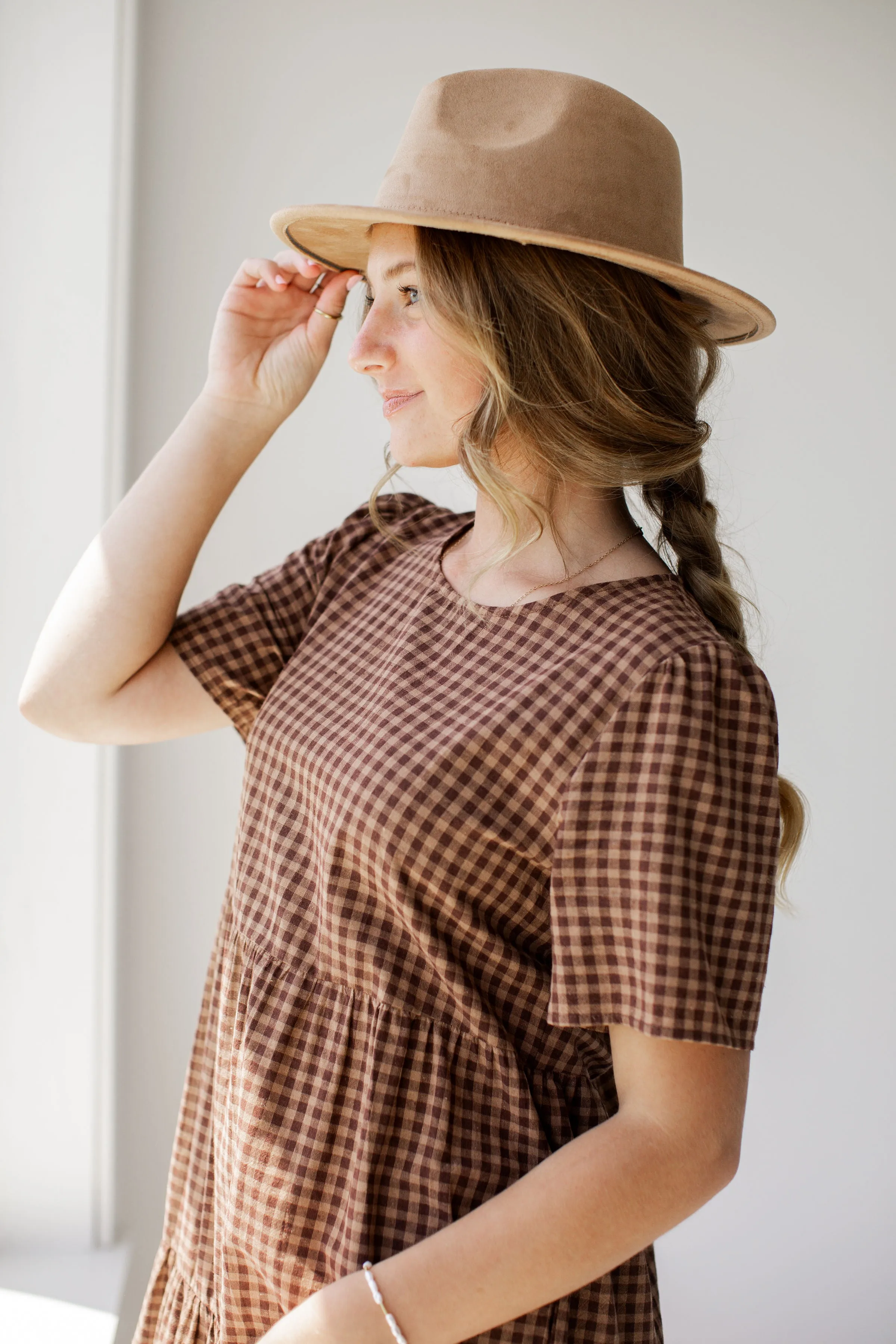 'Wilder' Gingham Tiered Cotton Dress in Dusty Brown