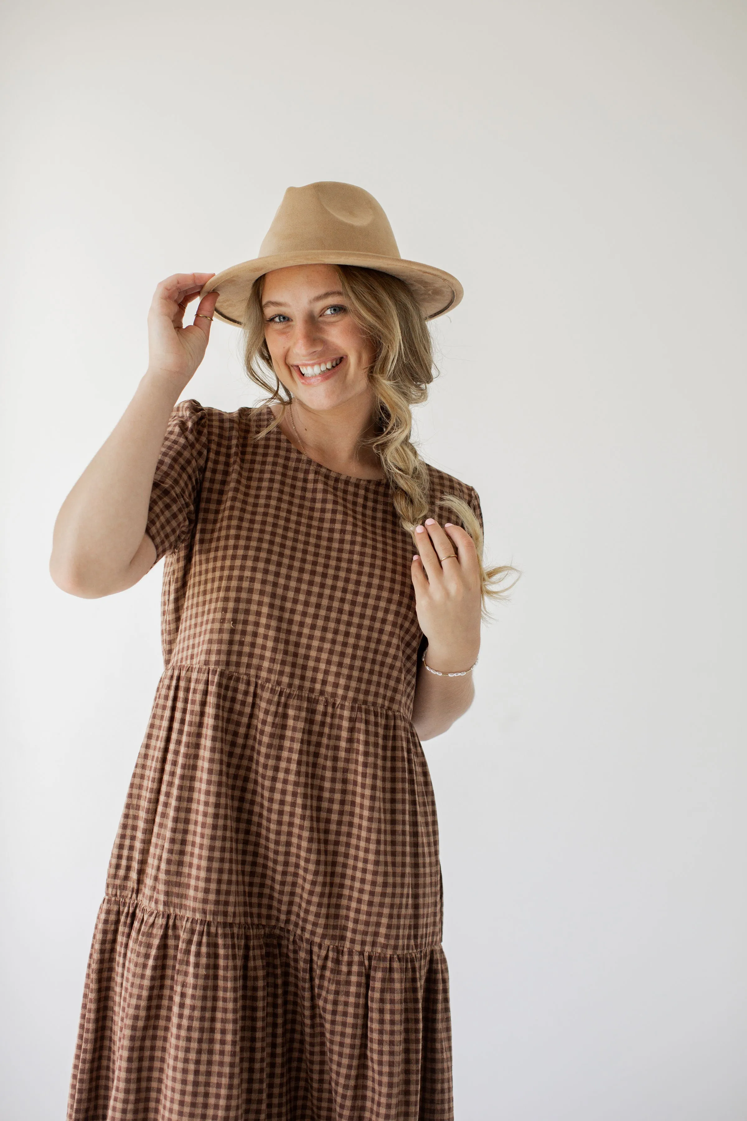 'Wilder' Gingham Tiered Cotton Dress in Dusty Brown