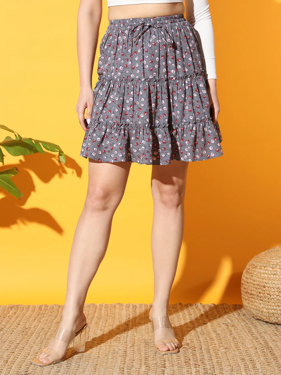 Women Floral Print Tiered Mini Skirt