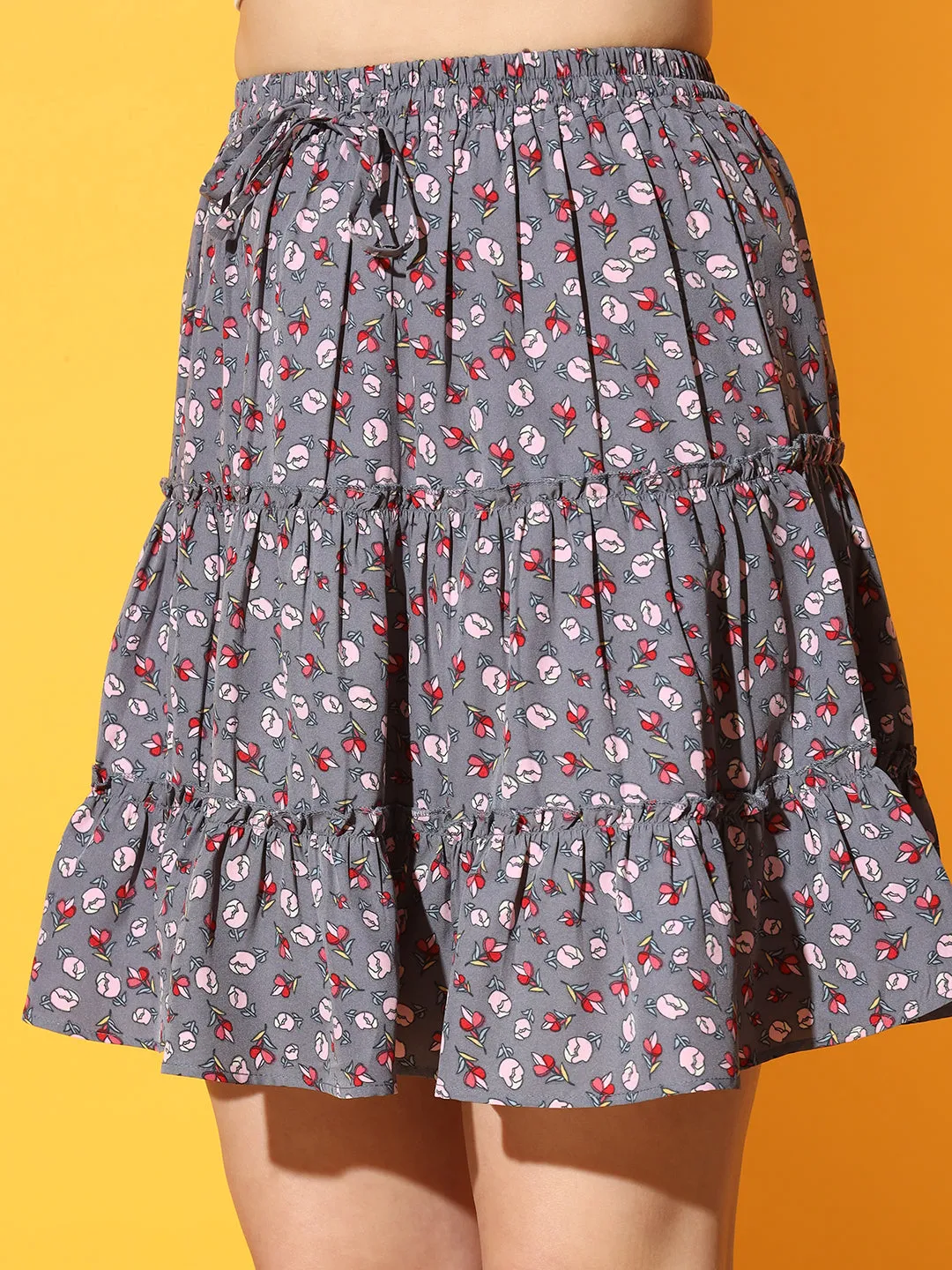Women Floral Print Tiered Mini Skirt
